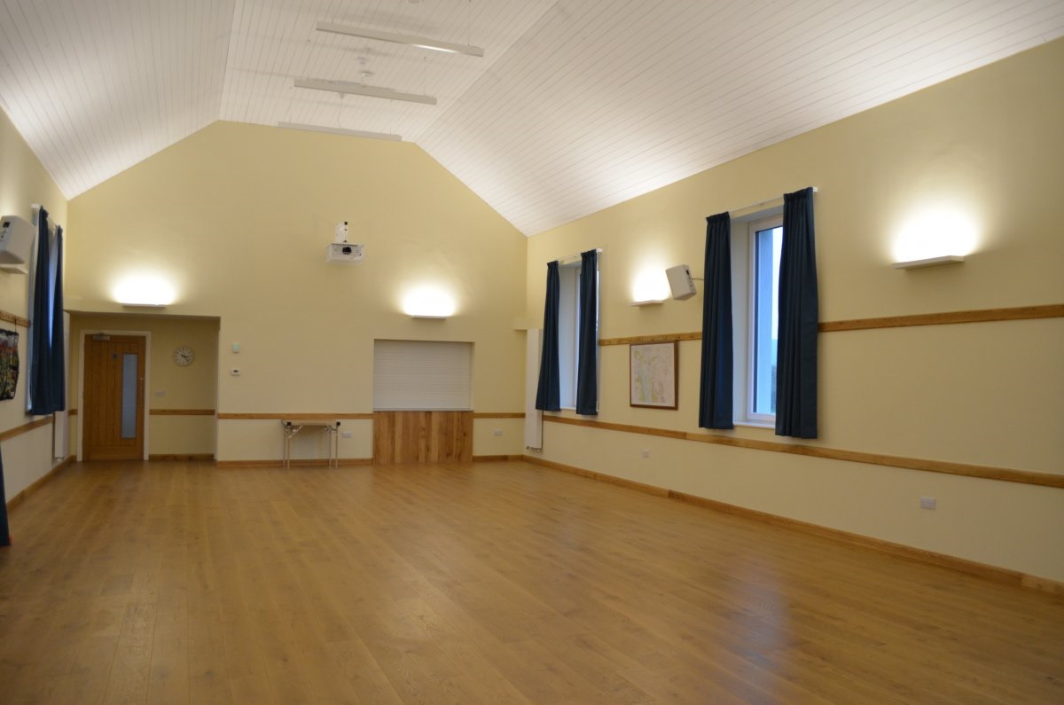 Bassenthwaite Parish Rooms - main hall view, with kitchen hatch and projector