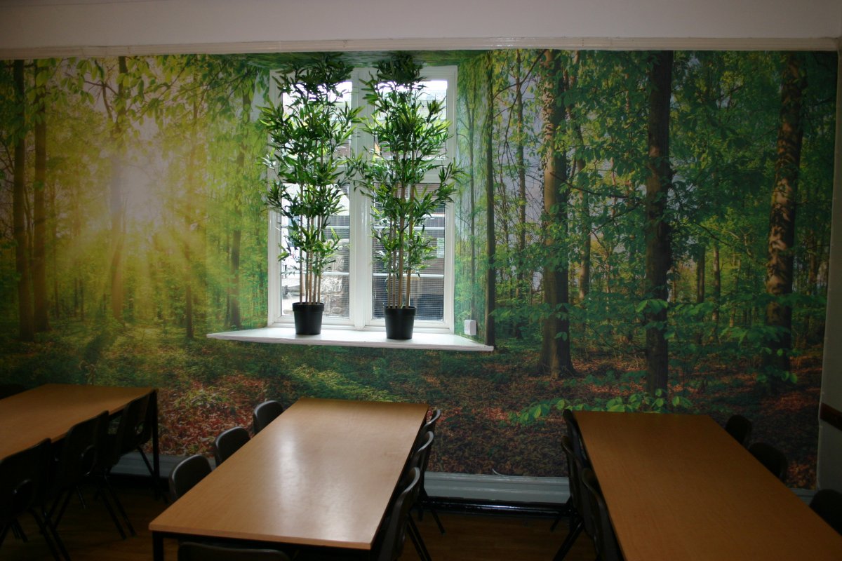 Deanfield Outdoor Centre - main dining room for 72 featuring 'living wall' decoration