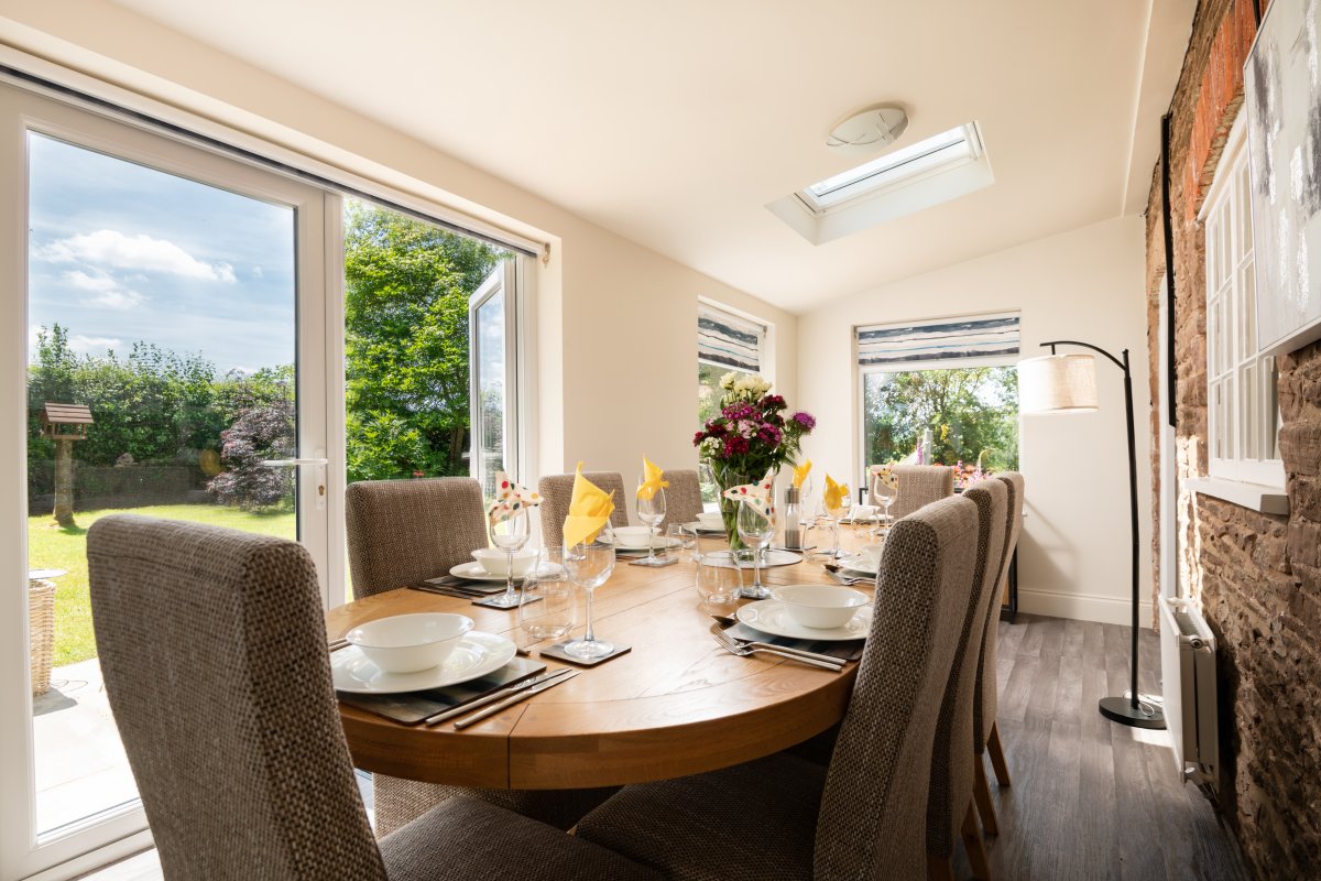 Old Barn House - dining room with views to the garden