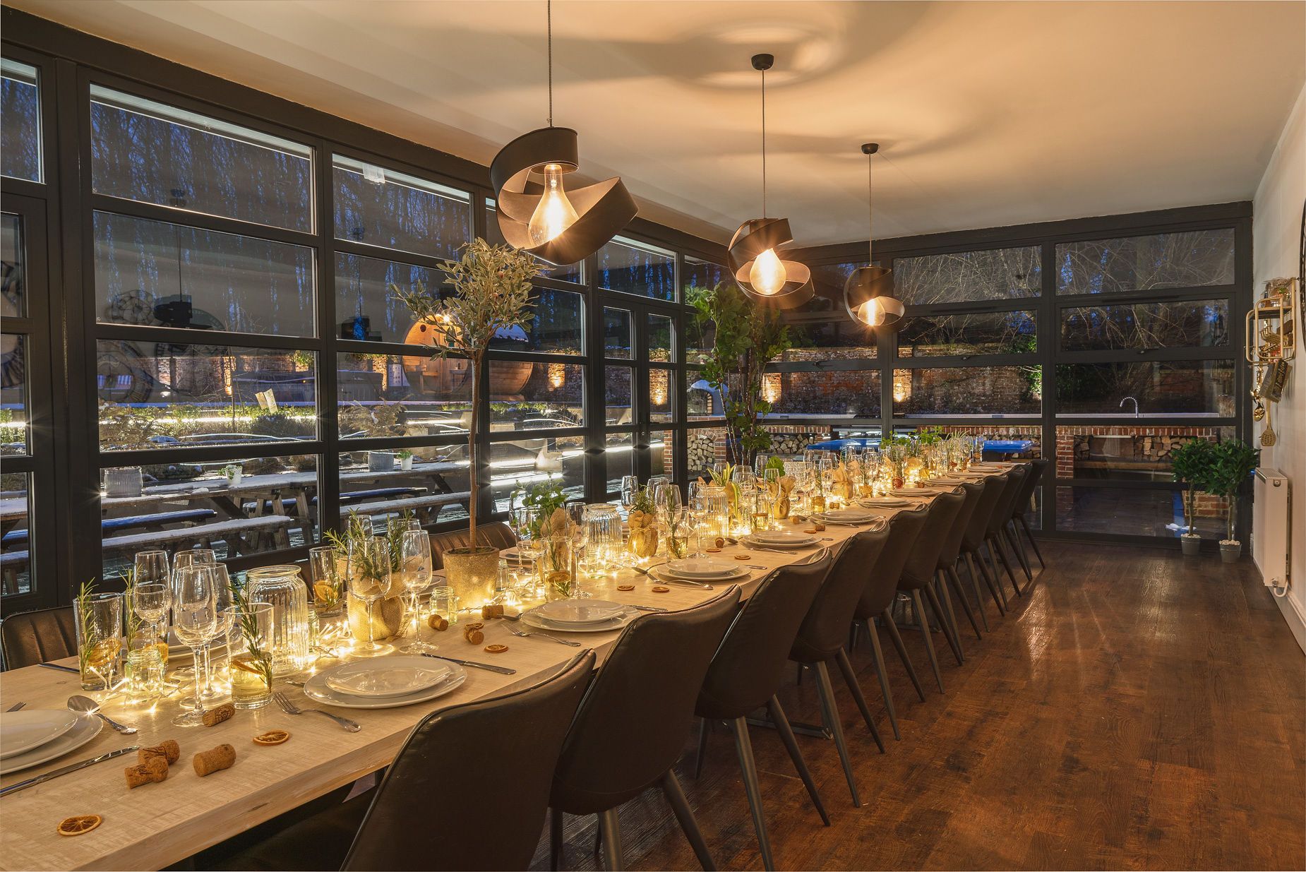 Hesdin Estate - Hesdin Hall inside luxury dining with archway to kitchen