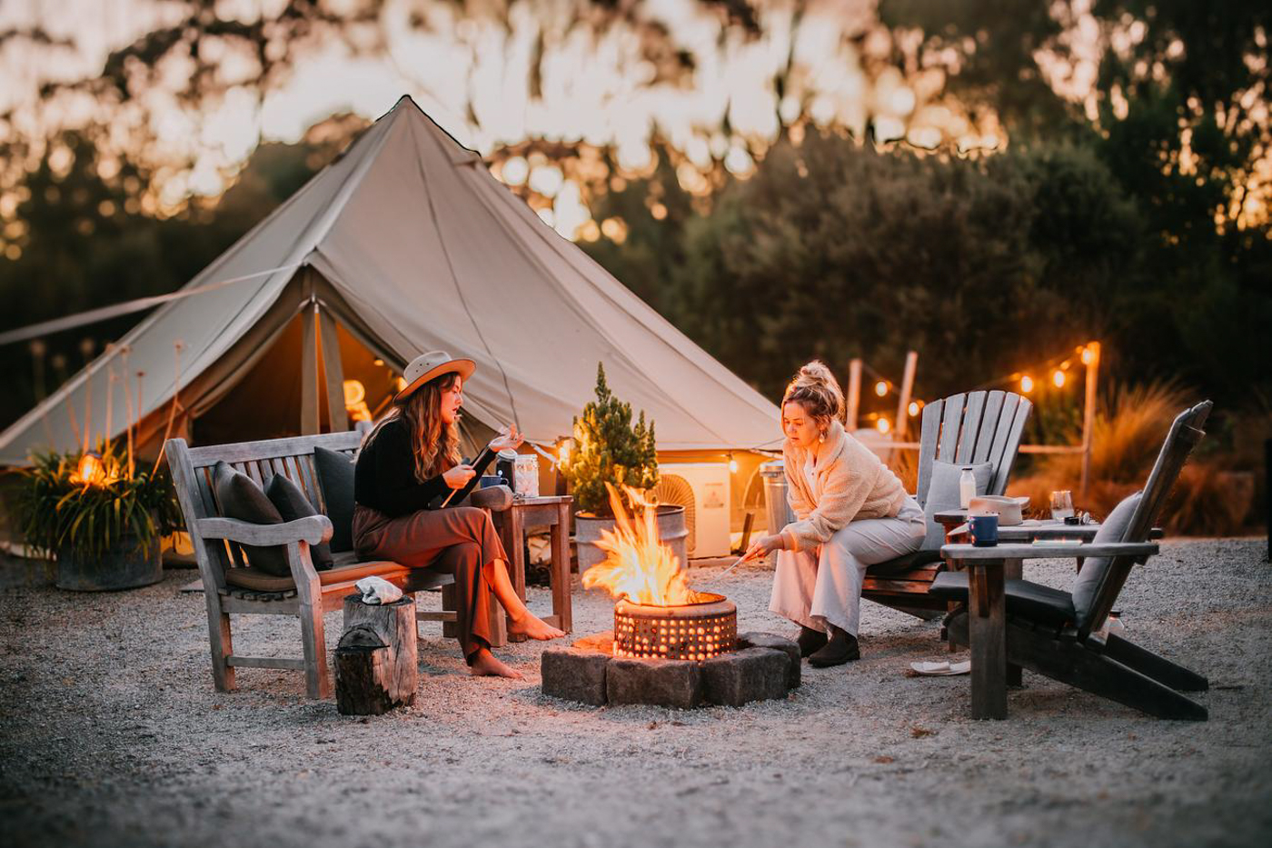 Inverloch Glamping - relaxing next to the firepit with friends