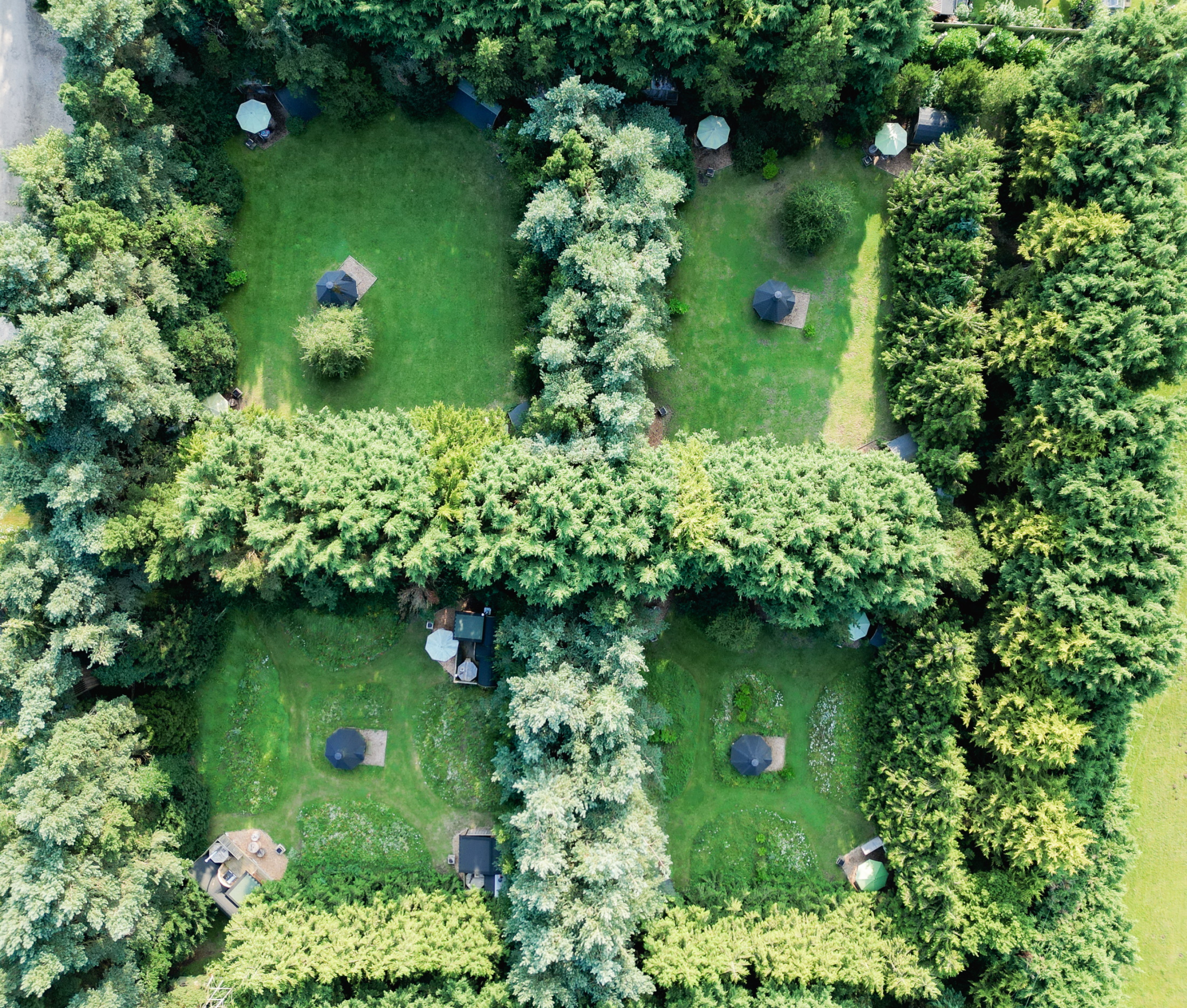 Lahtle Wood Glamping - from above showing space for each pod separated by hedges