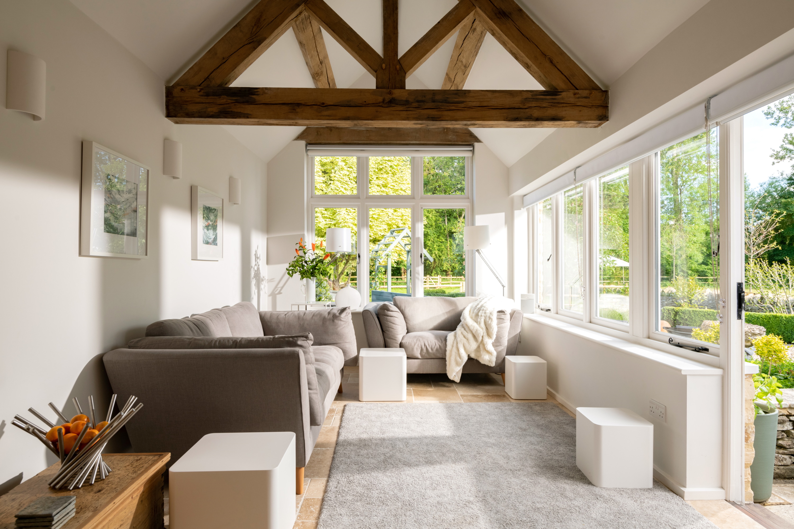 The Chestnuts - vaulted ceiling in the garden lounge