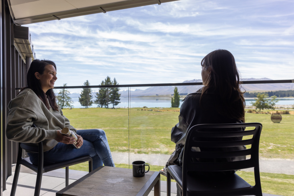 Haka House Lake Tekapo - outdoor terrace overlooking the lake perfect for a shared coffee