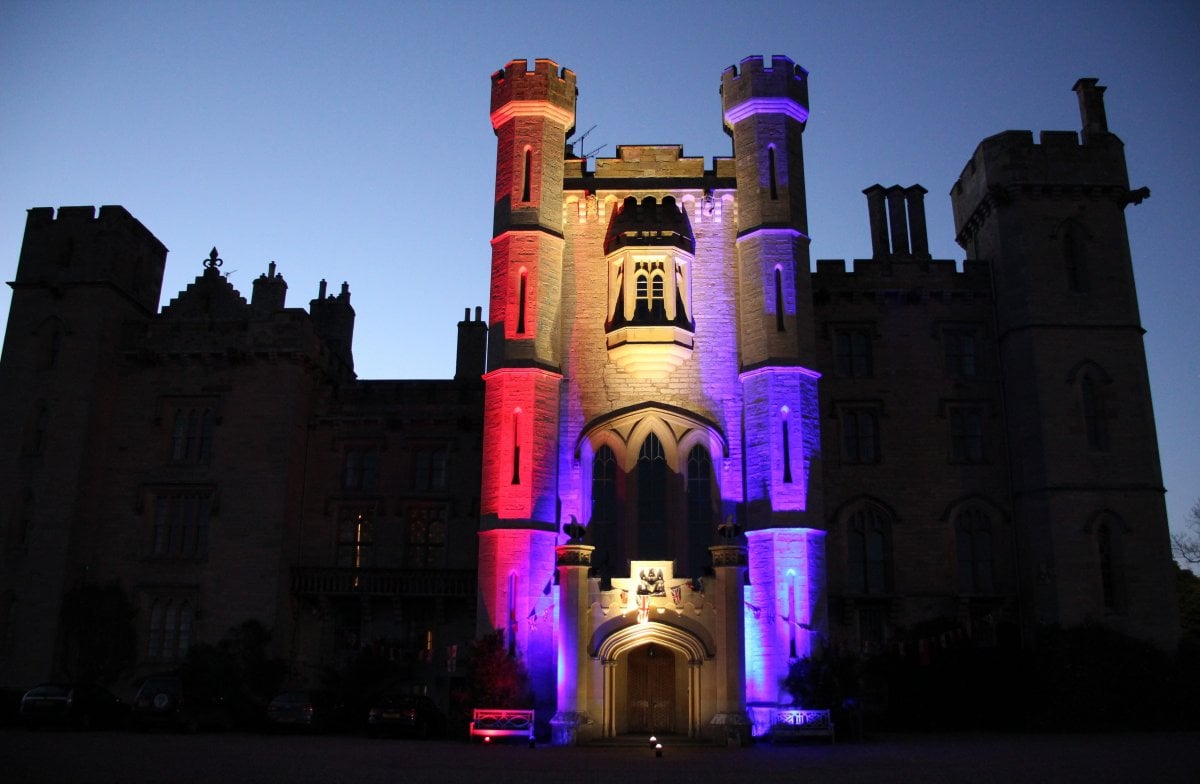 The castle lit up at night