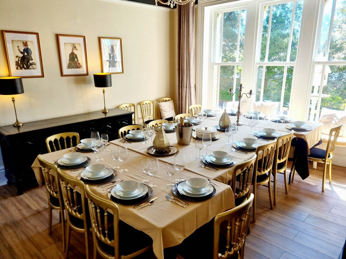Cross Park House - inside dining for 18 with views through high sash windows