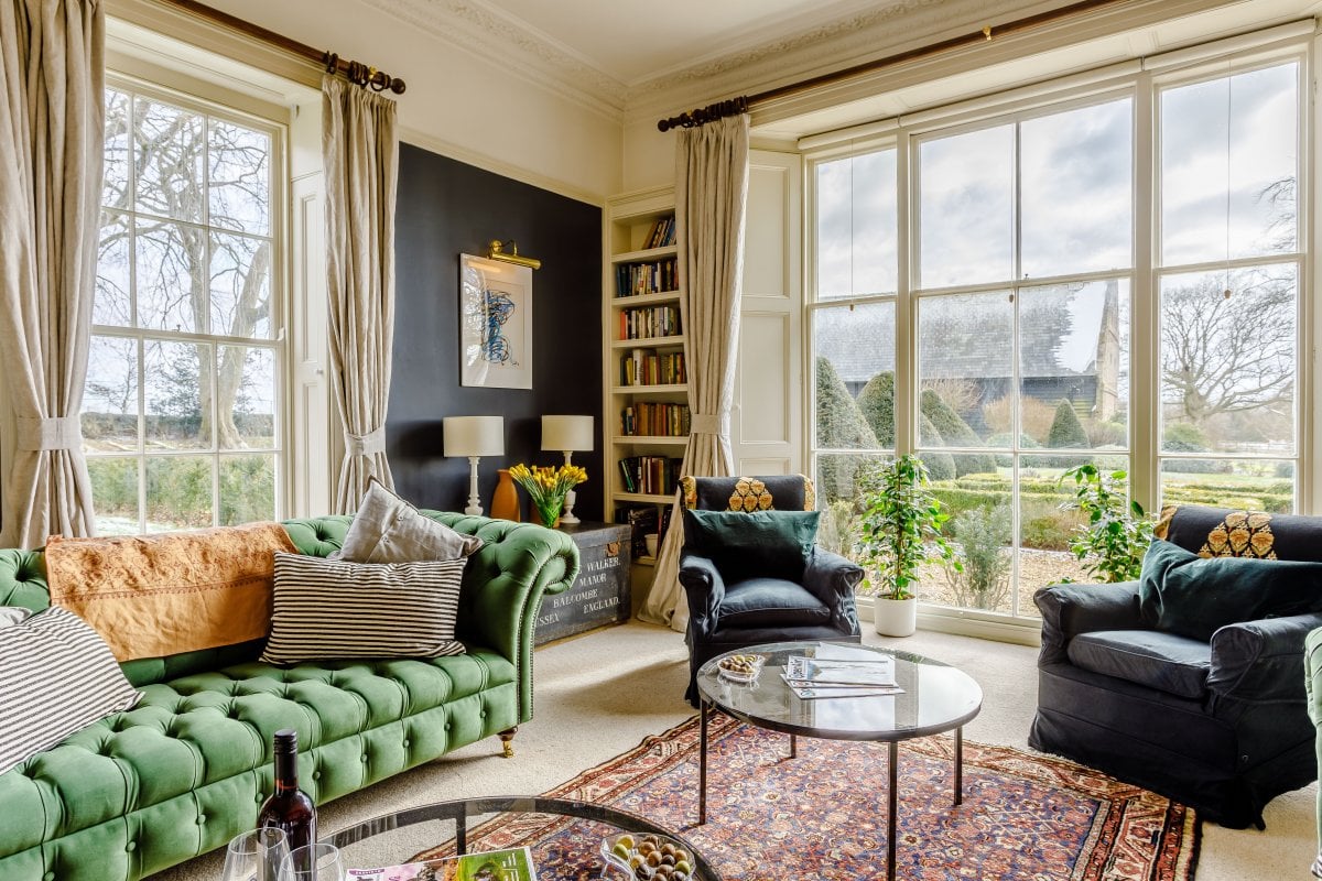 Sandon Manor - stunning sitting room views of formal gardens and church