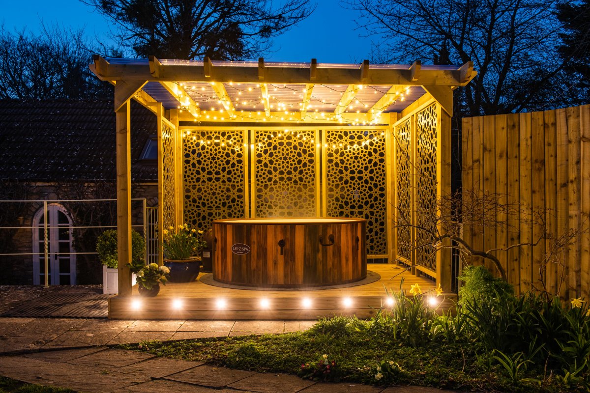 Hot tub lit at night
