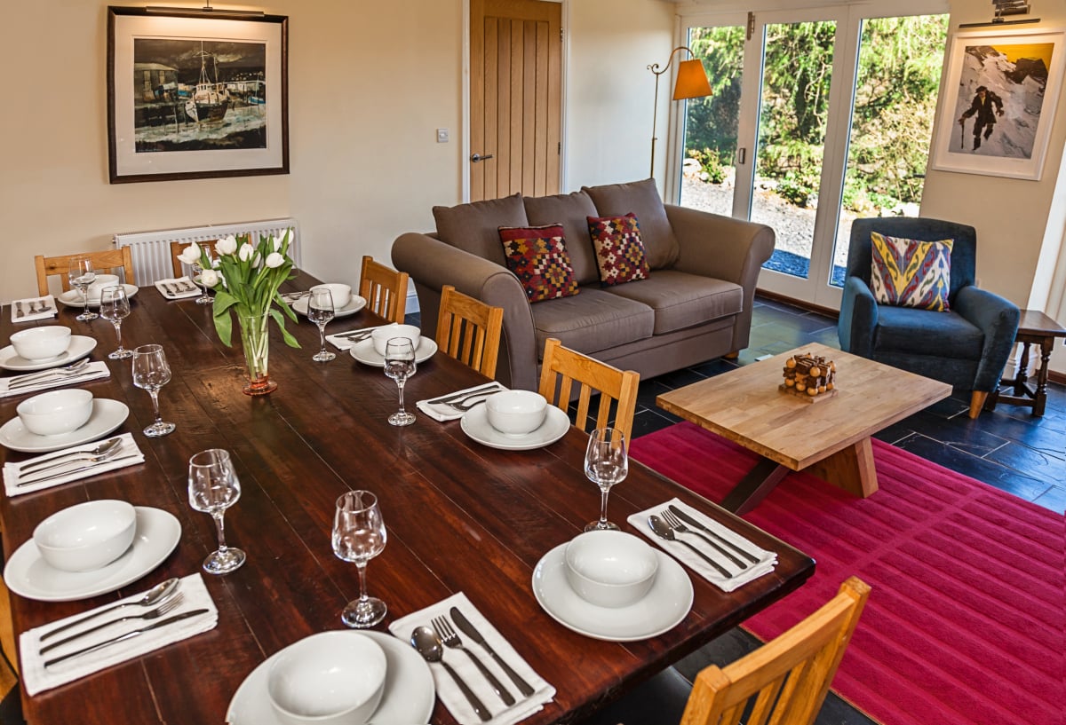 Dining room with seating for 12. Wood burner, views over the valley.