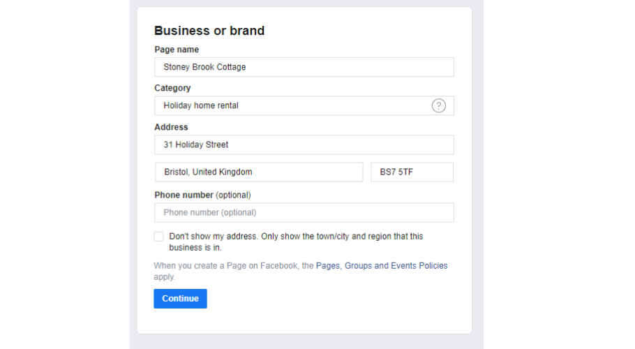 Fill in your business details for facebook
