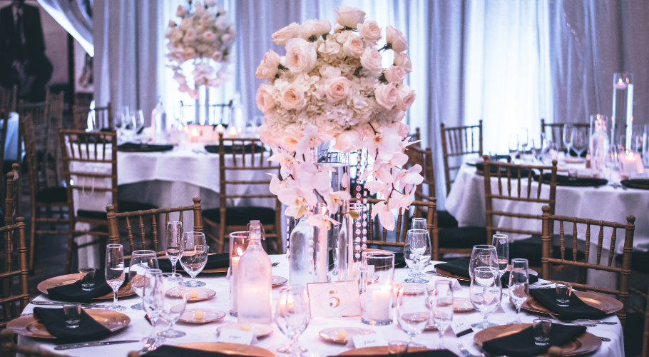 Tables decorated for wedding reception